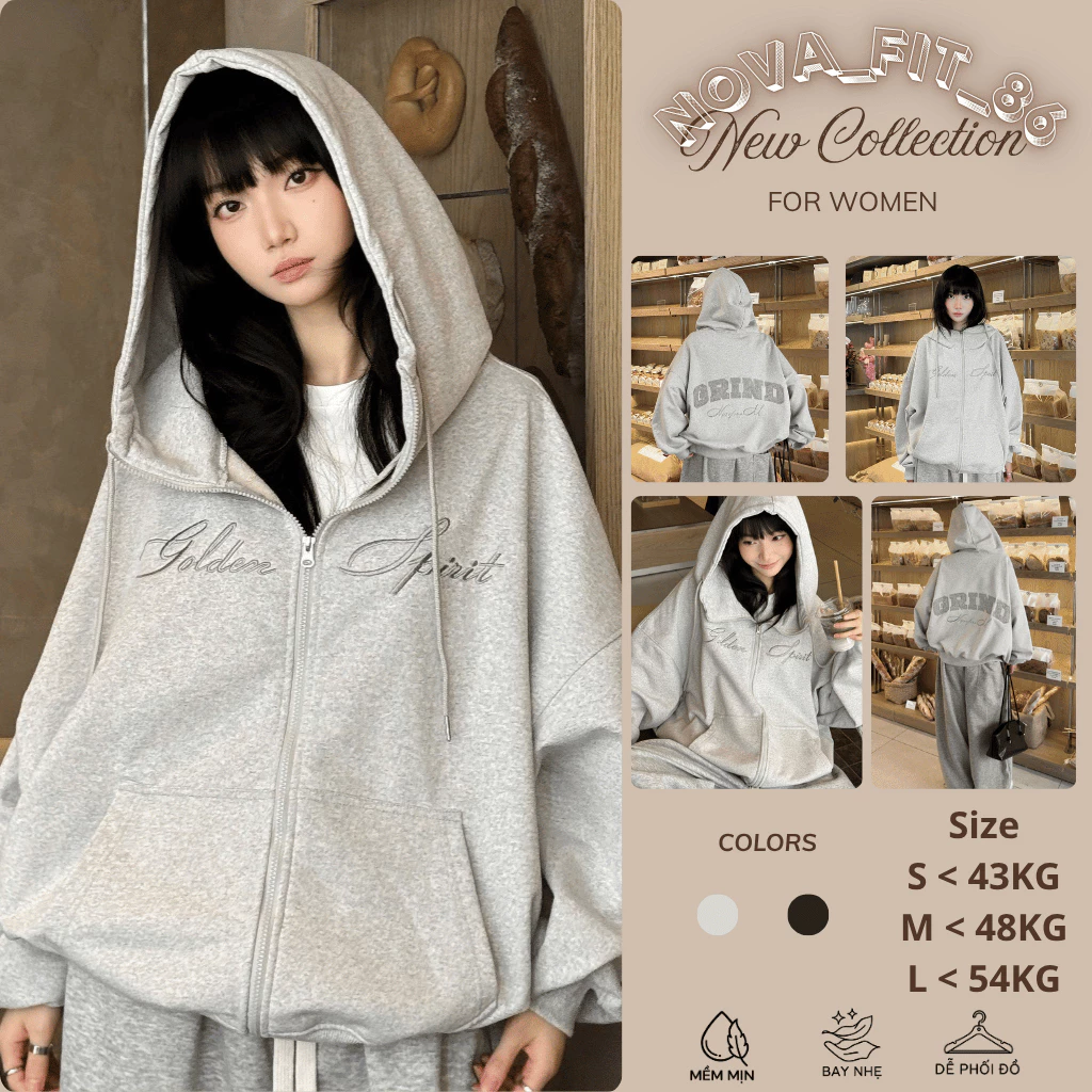 Áo Khoác Hoodie Zip Nỉ Bông Cổ Cao Thêu GRIND Form Rộng Nam Nữ Unisex (Không xù lông)