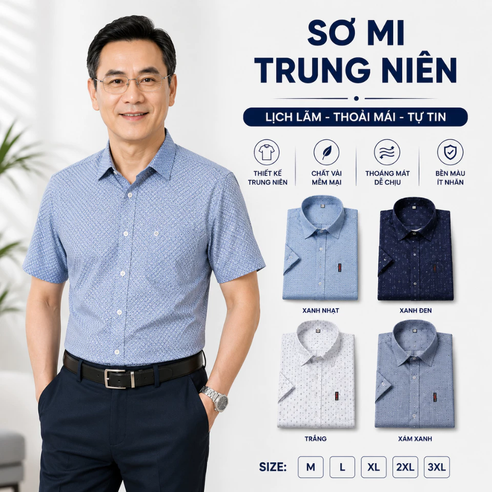 Áo Sơ Mi Nam Trung Niên Tay Ngắn MISFITT Họa Tiết Nhí Cao Cấp - Vải Lụa Chống Nhăn Dáng Suông Sang Trọng