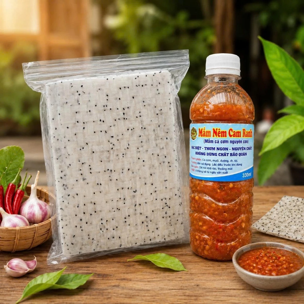 Combo 500g bánh tráng mè đen nhúng cuốn thịt + 01 mắm nêm cá cơm Cam Ranh pha sẵn