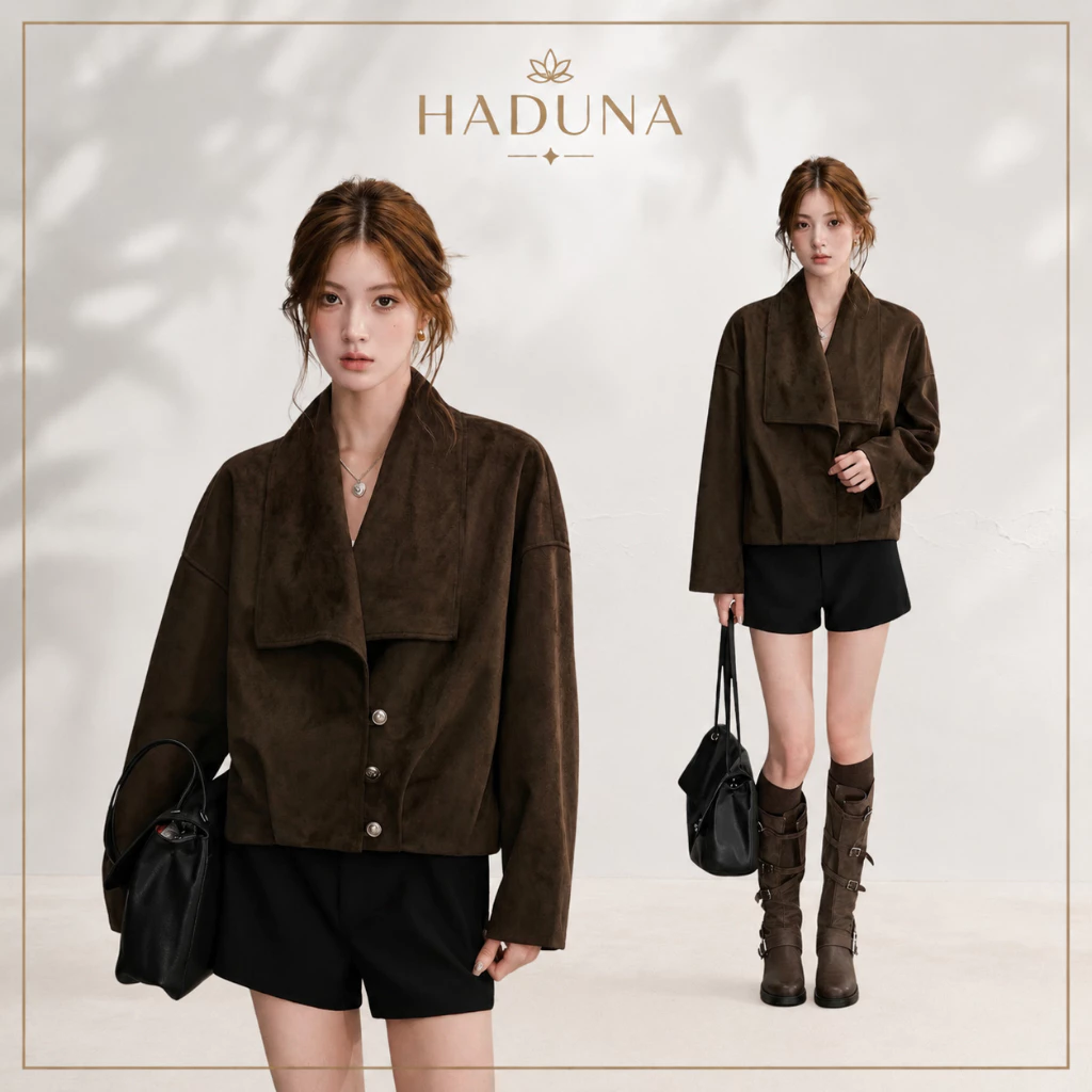 Áo Blazer Nữ Da Lộn Dáng Lửng Cổ Ve Rộng Cài Nút Tay Dài Thanh Lịch AL008