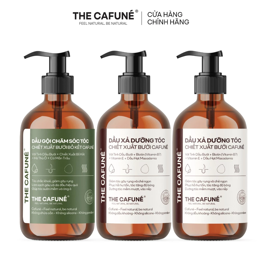 [COMBO GIẢM 20%] Combo 1 Dầu Gội Bưởi Bồ Kết + 2 Chai Dầu Xả Bưởi The Cafuné 450ml, Giúp Tóc Giảm Gãy Rụng