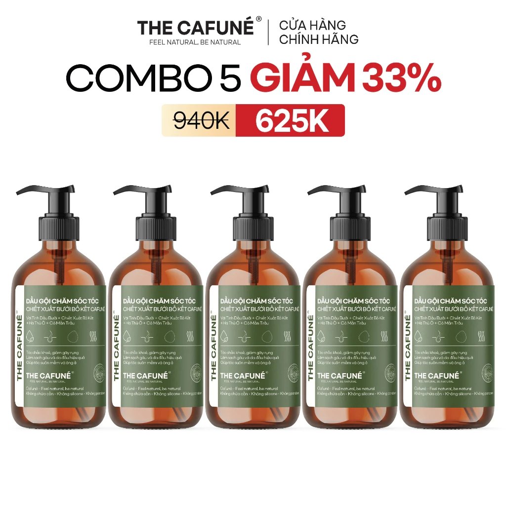 [MUA 5 GIẢM 30%] Combo 5 Chai Dầu Gội Chăm Sóc Tóc Chiết Xuất Bưởi, Bồ Kết The Cafuné 450ml Dưỡng Tóc