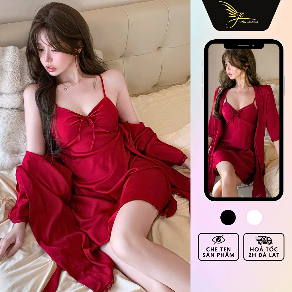 Set Váy Ngủ 2 Dây Và Áo Choàng Ngủ Trơn JUNA Freesize Thời Trang Đồ Ngủ Dành Cho Nữ, Chất Vải Lụa Cao Cấp, Màu Đỏ/SP8697