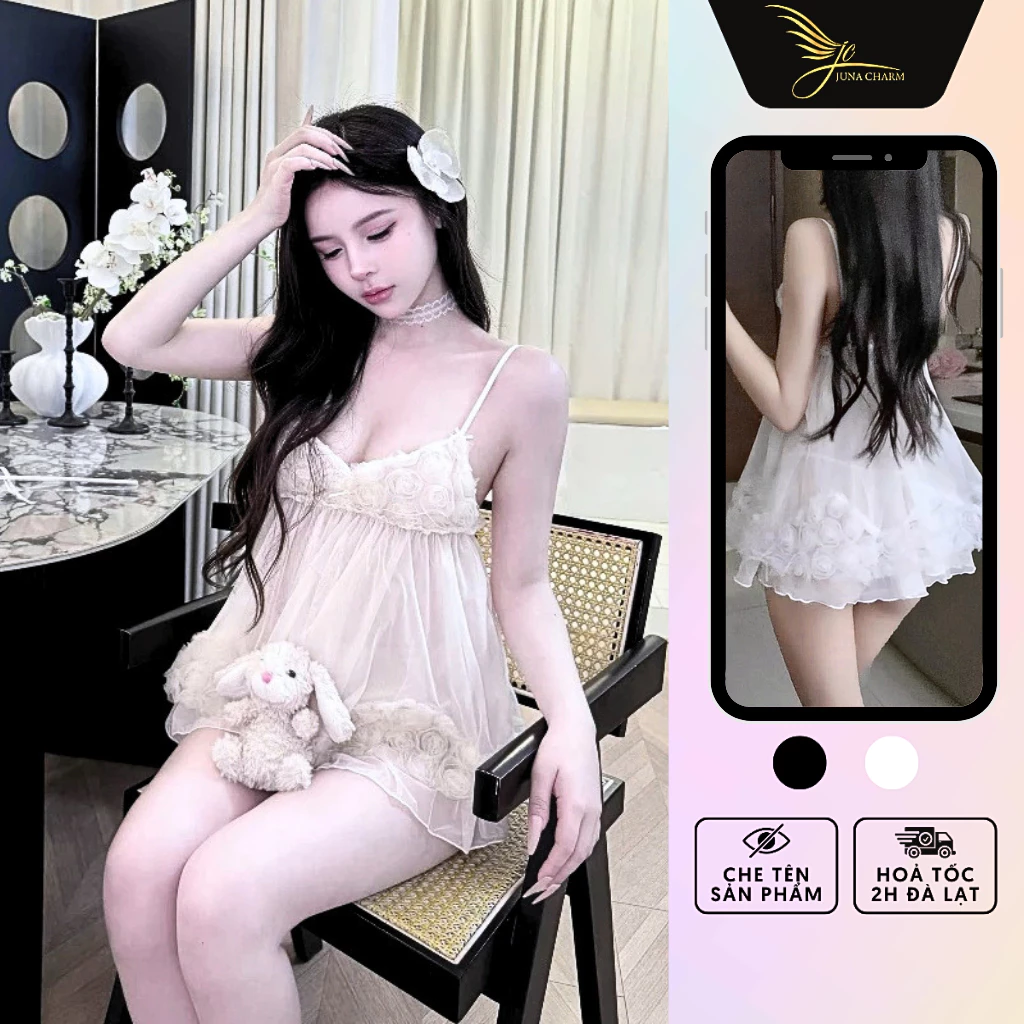 Váy Ngủ 2 Dây, Đầm Ngủ Babydoll JUNA Freesize Thời Trang Đồ Ngủ Dành Cho Nữ, Chất Vải Voan Tơ Cao Cấp, Màu Trắng/SP7122