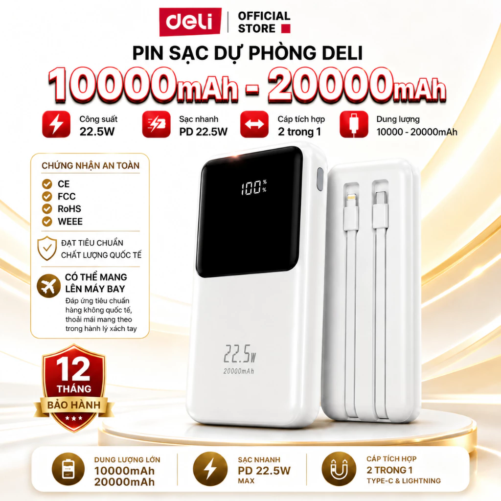 Sạc Dự Phòng DELI 10000mAh 20000mAh Sạc Nhanh 22.5W Tích Hợp 2 Dây Cáp Sạc Cùng Lúc Nhiều Thiết Bị