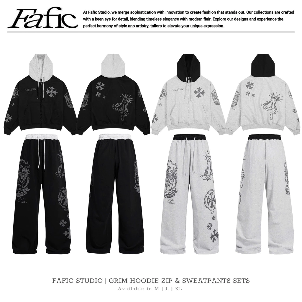Áo khoác zip , Quần dài ống RỘNG , set bộ nỉ cua GRIM Streetwear chất dày dáng BOXY Fafic Studio Unisex dành cho nam nữ