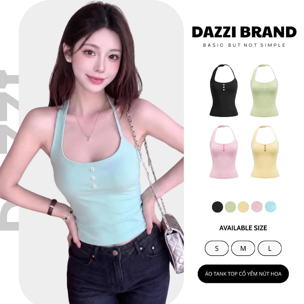 Áo tank top cổ yếm đính nút hoa dáng ôm body chất cotton 2 lớp DAZZI B014