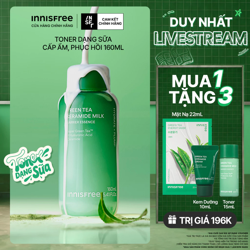 INNISFREE x KOL Toner dạng sữa cấp ẩm, phục hồi INNISFREE Green Tea Ceramide Milk 160ml