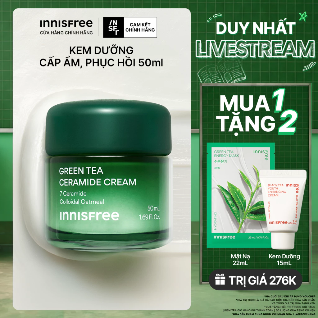 INNISFREE x Kem dưỡng cấp ẩm, phục hồi INNISFREE Green Tea Ceramide Cream 50ML