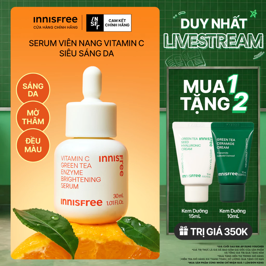 INNISFREE x KOL serum Vitamin C sáng da, mờ thâm mụn INNISFREE Green Tea Enzyme Brightening Serum 30ml