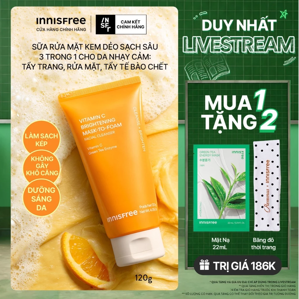 INNISFREE x Sữa rửa mặt kem dẻo sạch sâu sáng da dịu nhẹ INNISFREE Vitamin C Brightening Mask-To-Foam Facial Cleanser