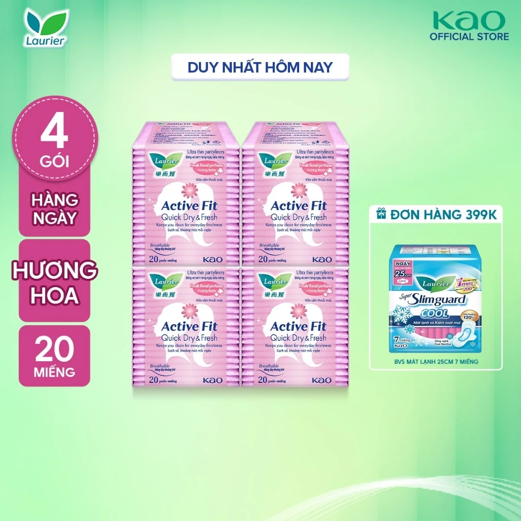 Combo 4 Băng vệ sinh hàng ngày Laurier Active Fit mềm mịn khô thoáng hương hoa 20 miếng