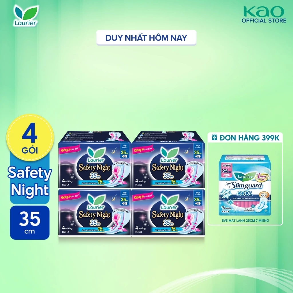 Combo 4 gói Băng vệ sinh Laurier Safety Night Đêm Siêu An Toàn 35cm 4 miếng