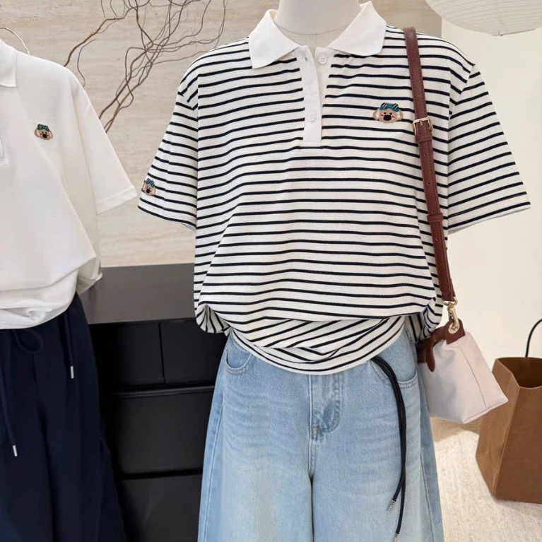 ANHSTORE, Áo Polo Nữ Ngắn Tay Sọc thời trang , phom suông rộng , chất cotton thoáng khí, in hình dễ thương