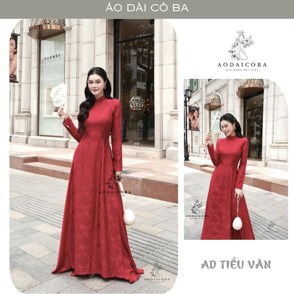 Áo dài TIỂU VÂN lụa gấm dáng truyền thống tôn dáng cổ cao 3cm, quần váy 2,5m siêu rộng thướt tha, form chuẩn tôn dáng -
