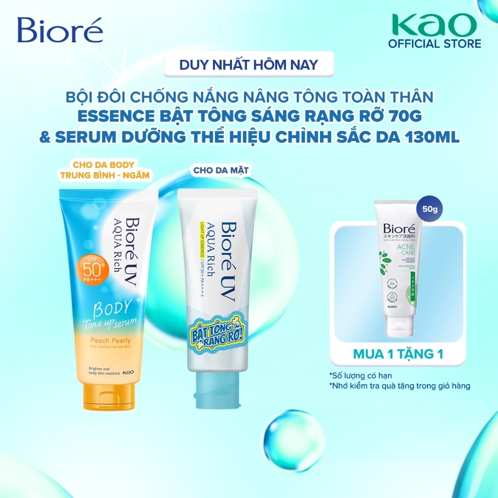 Combo Biore UV Chống Nắng Nâng Tông Toàn Thân Essence Light Up Sáng Rạng Rỡ 70g & Serum Dưỡng Thể Peach Pearly 130ml