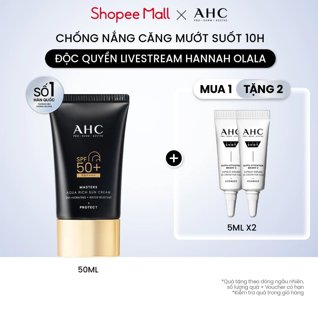 [AHCxĐộc quyền HANNAH] Kem chống nắng AHC phổ rộng 400nm căng mướt da chuẩn Hàn (50 ml) Masters Aqua Rich Sun Cream