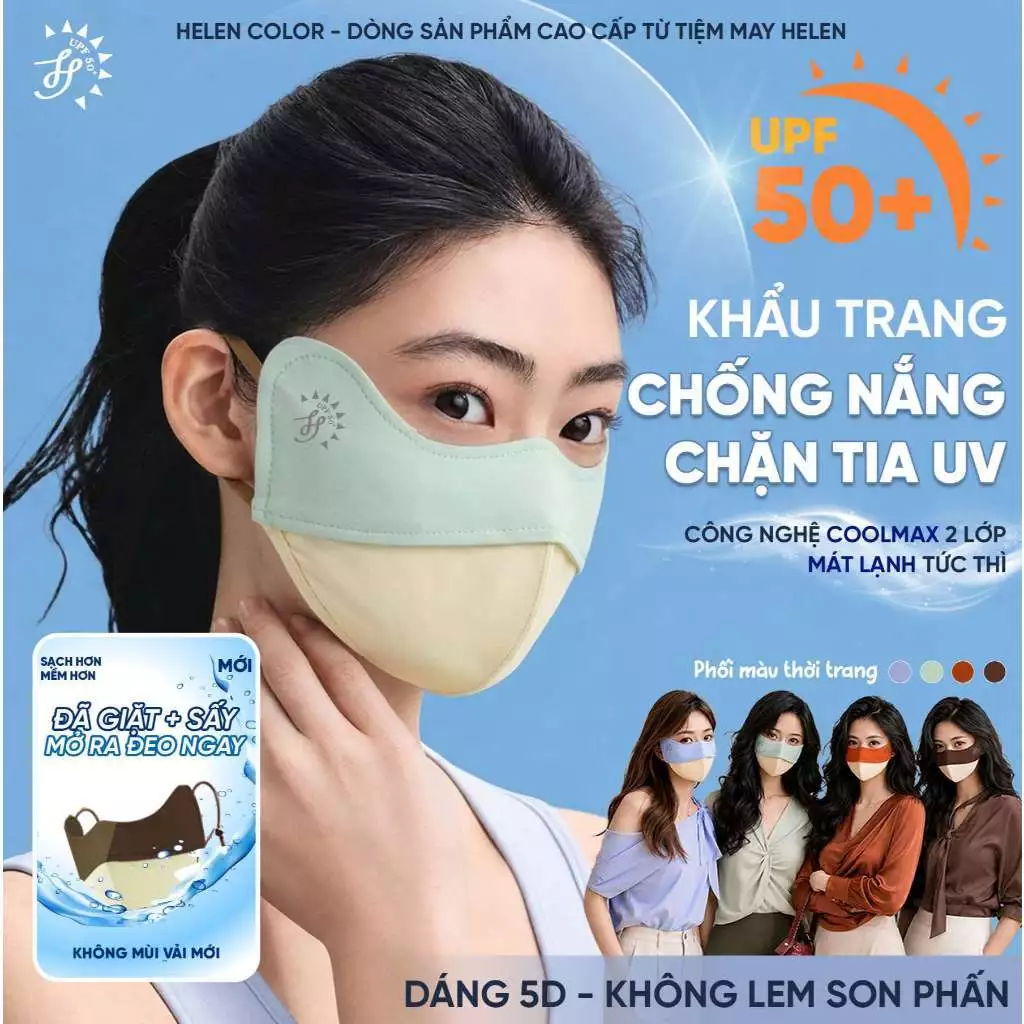 [2 LỚP MÀNG LỌC NGĂN UV] Khẩu trang chống nắng lụa băng lạnh, UPF 50+, Có gọng mềm thoáng khí dễ thở - HELEN BOUTIQUE