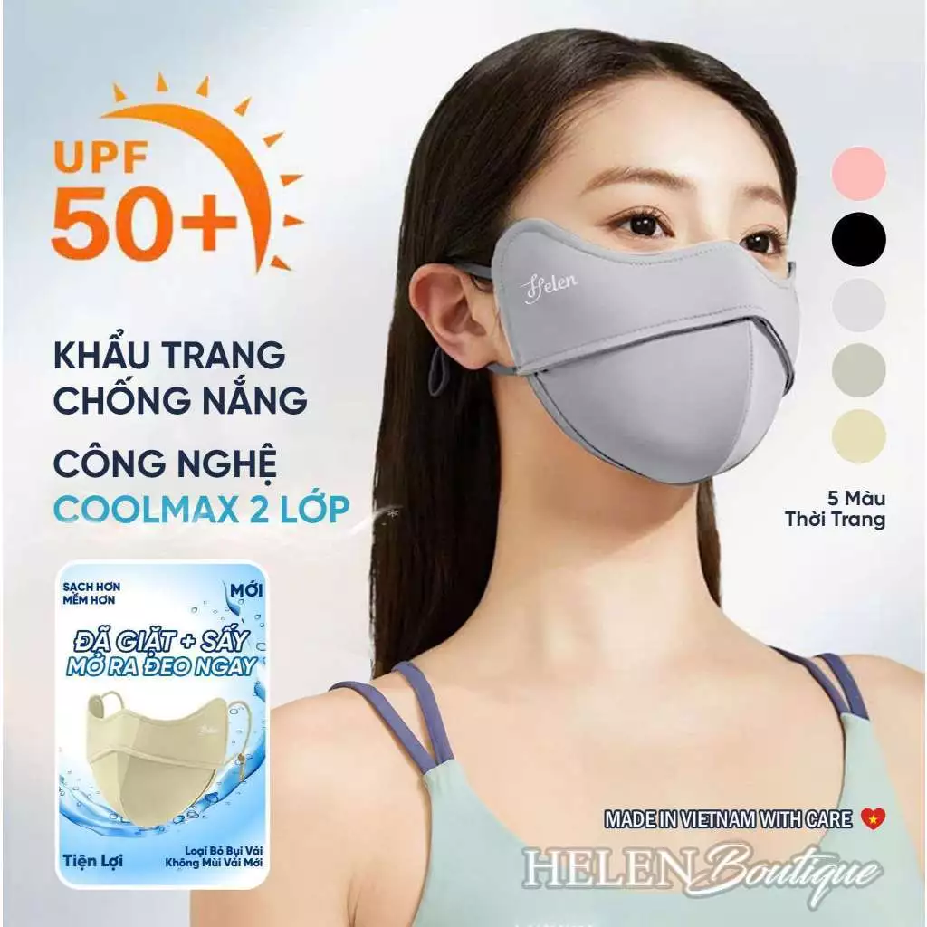 CHÍNH HÃNG [2 LỚP CÓ GỌNG] Khẩu trang vải chống nắng, chống UV UPF 50+, công nghệ COOLMAX dáng 5D thoáng khí dễ thở