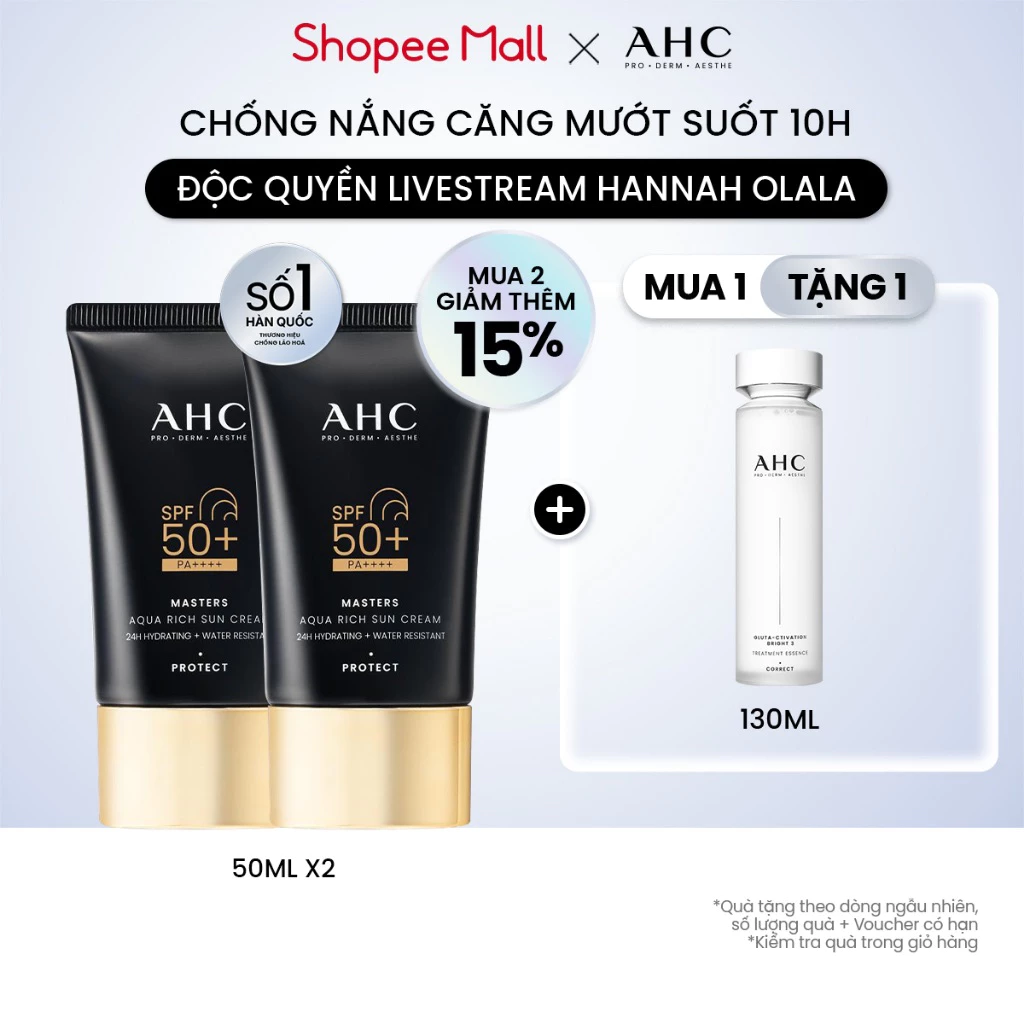 [AHCx HANNAH] Bộ đôi Kem chống nắng AHC phổ rộng 400nm căng mướt da chuẩn Hàn (50 ml x2) Masters Aqua Rich Sun Cream