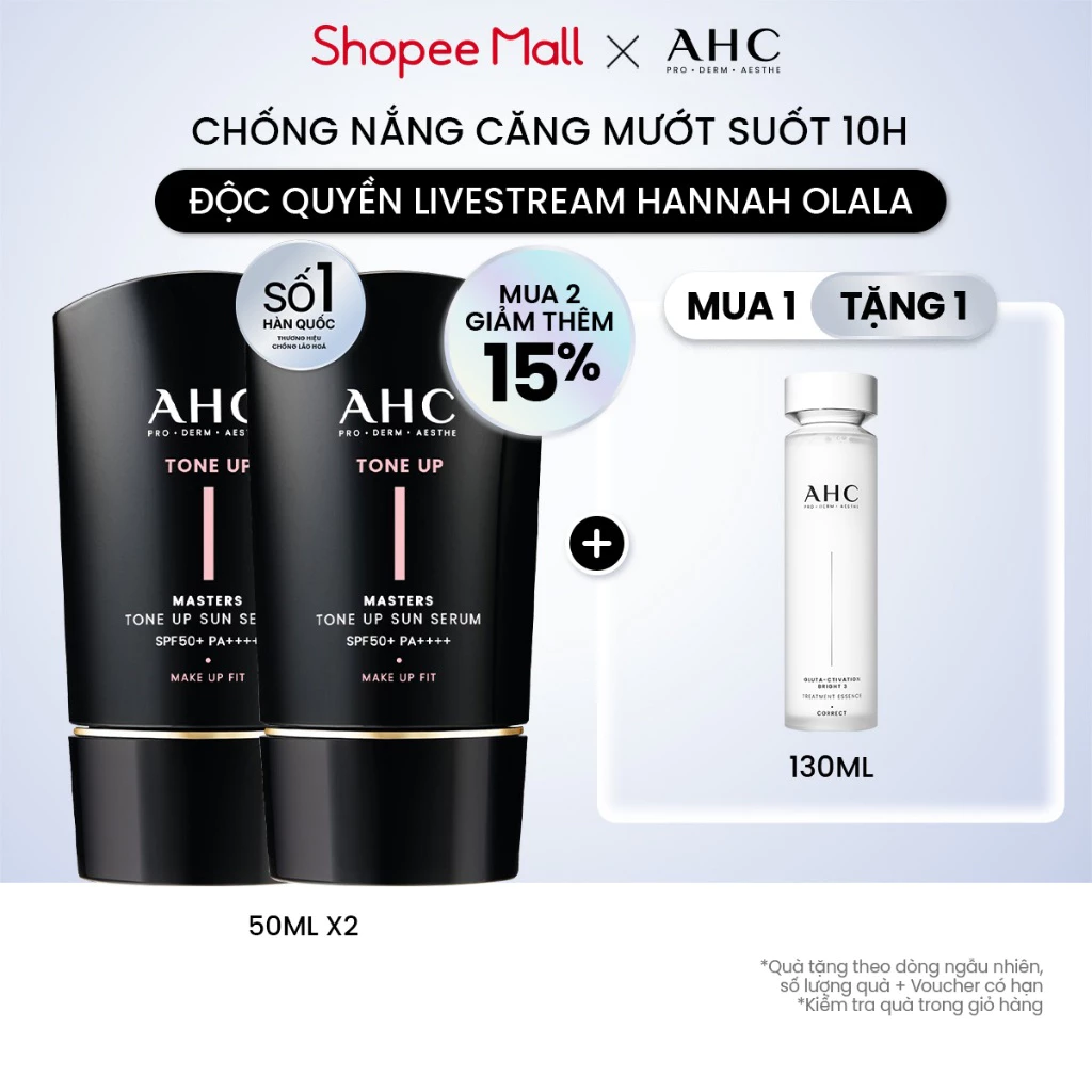 [AHCx HANNAH] Bộ đôi Serum Chống Nắng Hiệu Chỉnh Sắc Da, Nâng Tone Chuẩn Hàn (50 ml x 2) AHC MASTERS TONE UP SUN SERUM