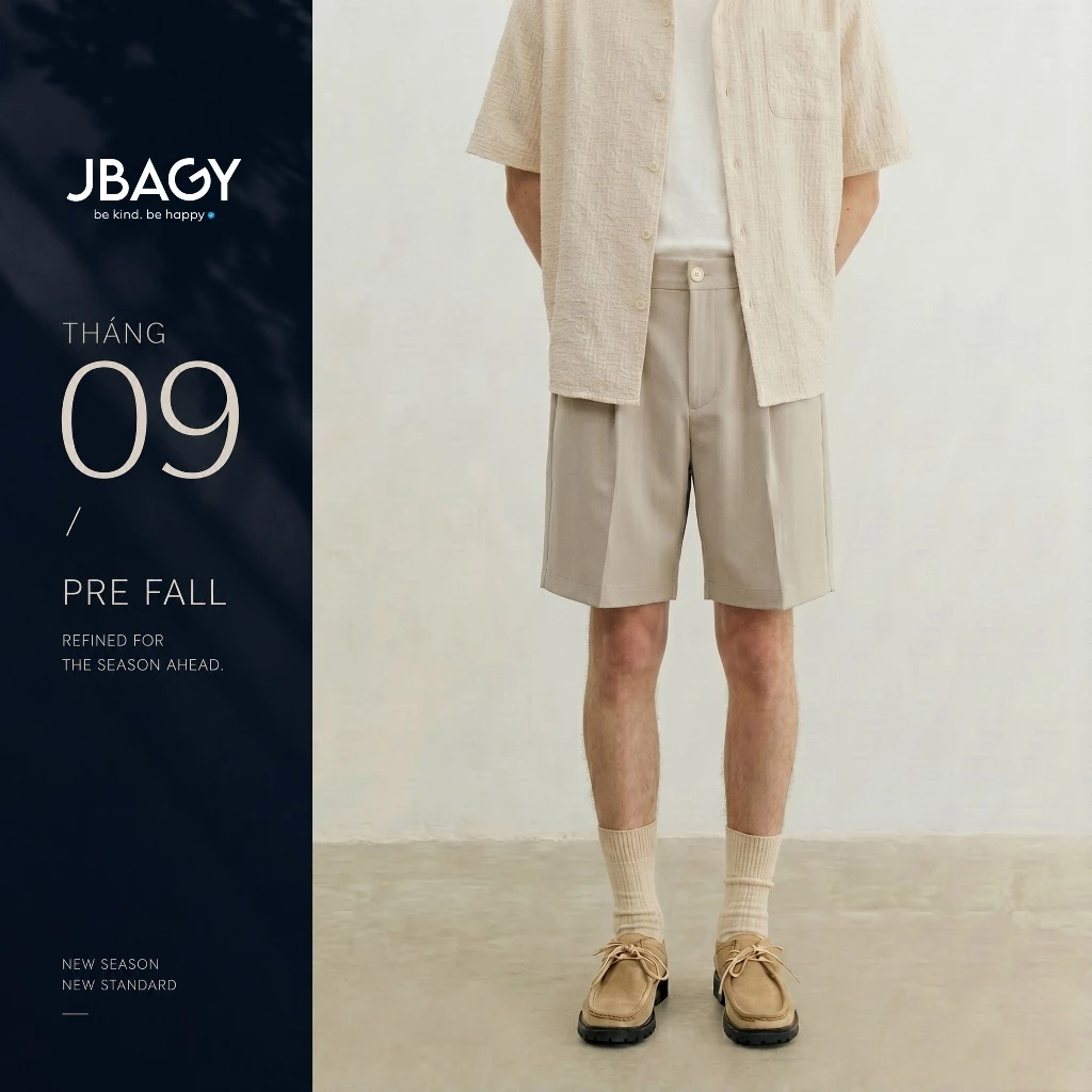 Quần short kaki form rộng, xếp ly tinh tế, cạp chun thoải mái cao cấp JBAGY - JN002
