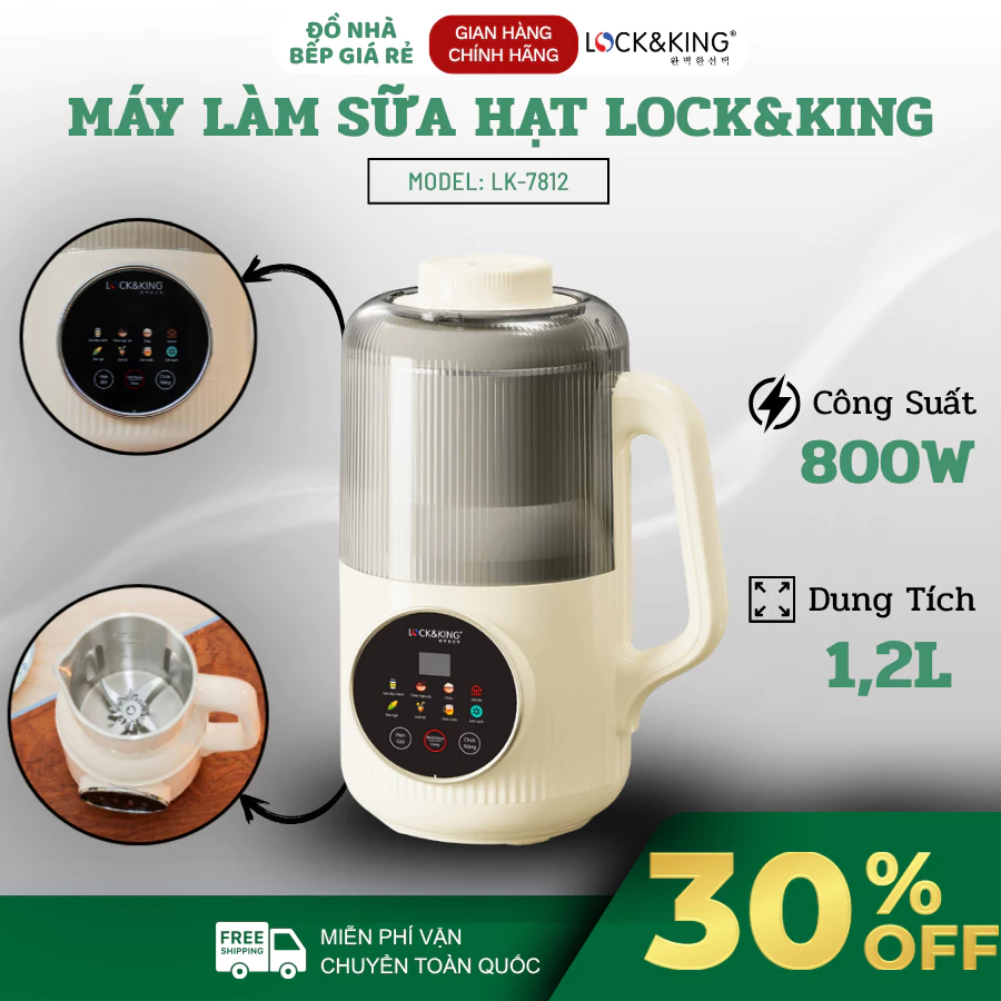 Máy Làm Sữa Hạt Lock&King LK-7812 Công Suất 800W Mạnh Mẽ, Dung Tích 1,2L Đa Năng - Đồ Nhà Bếp Giá Rẻ