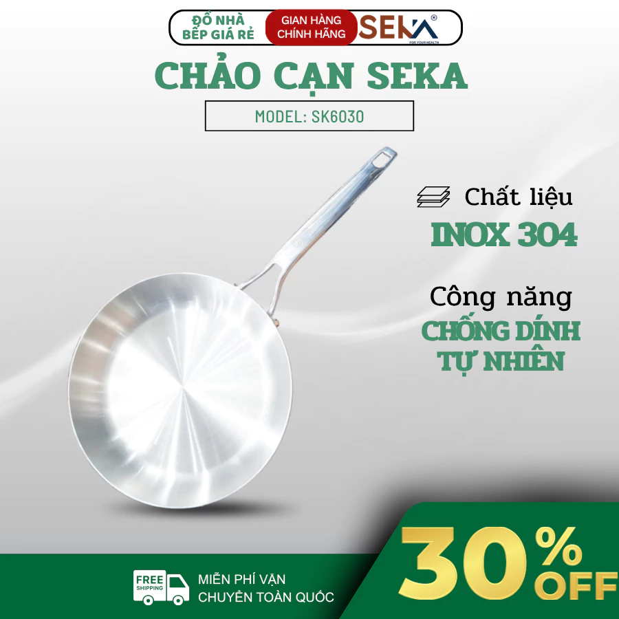 Chảo inox 5 lớp đáy đúc liền khối SEKA SK6030, Chảo inox nguyên khối nông lòng SEKA inox 304 size 22 và 26 - Donhabep