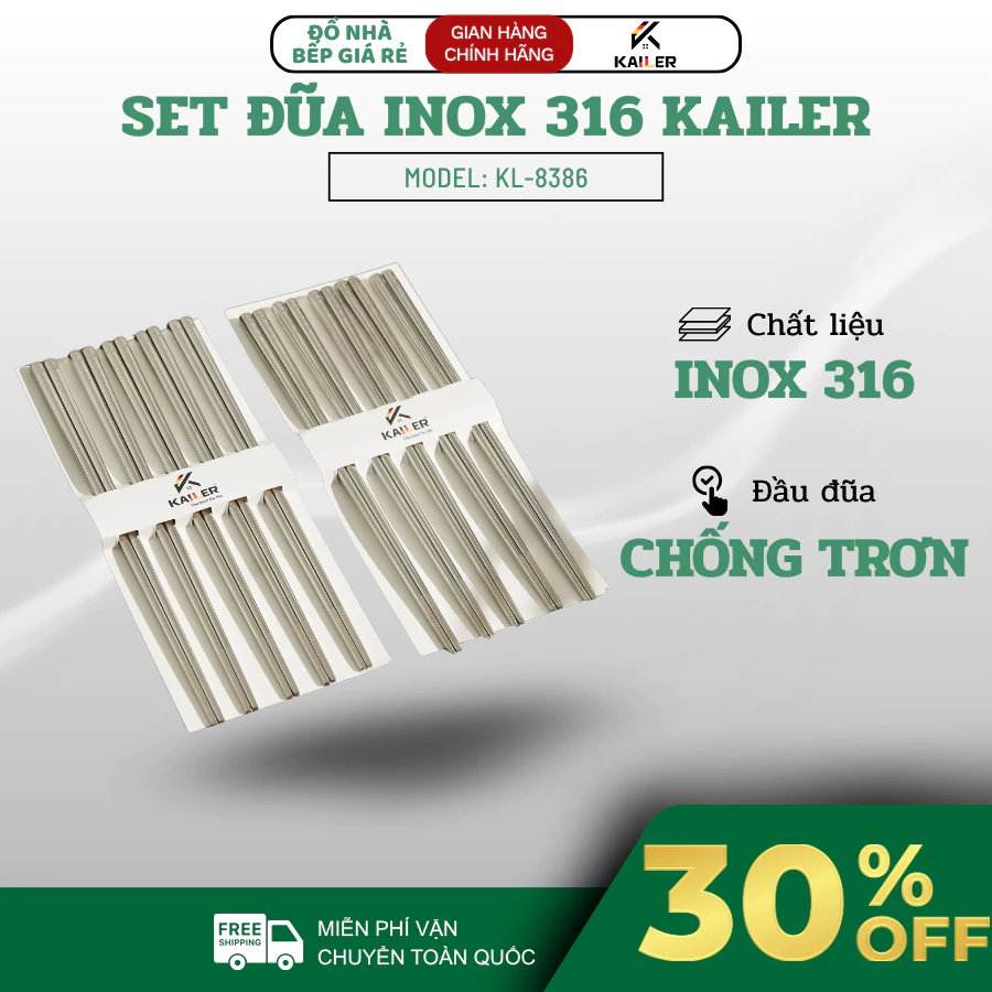 Hộp 10 Đũa Ăn Cơm Inox 316 - Đũa Inox Chống Trượt Kailer Cao Cấp Chống Mốc, Chống Trơn Trượt - Đồ Nhà Bếp Giá Rẻ