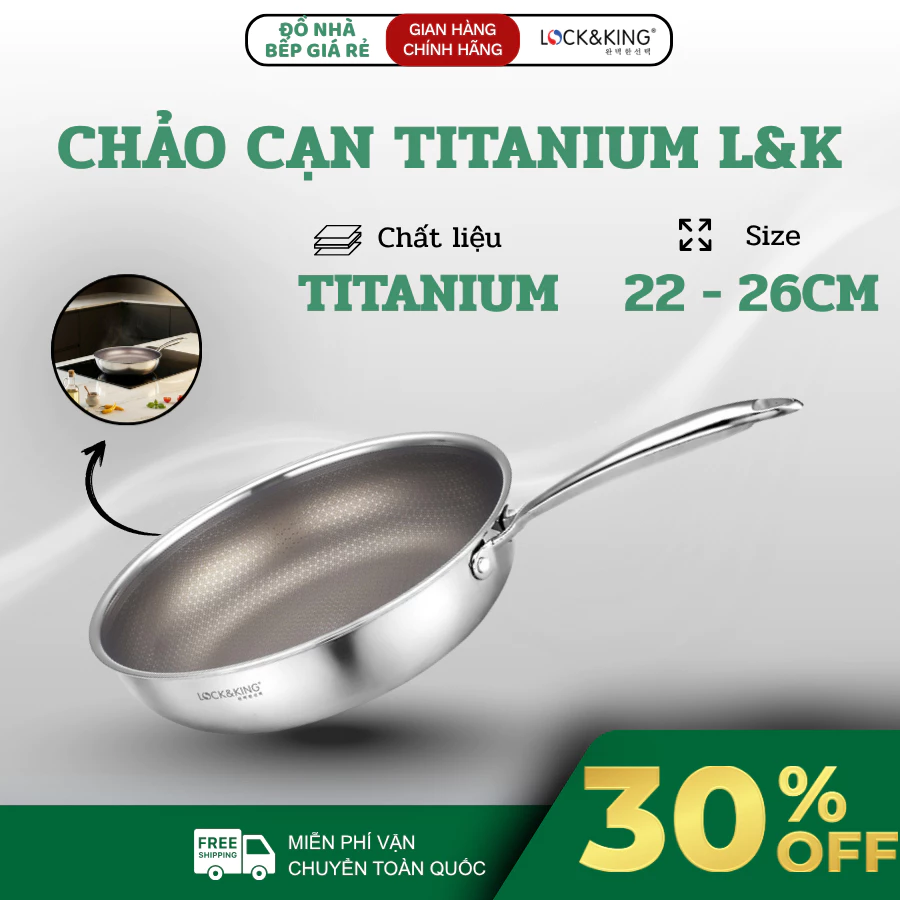 Chảo Cạn Titanium Lock&King 22 26 28 Kèm Vung Inox Dày Dặn Sáng Bóng Tay Cầm Chắc Chắn, Phù Hợp Với Mọi Loại Bếp - Haatz