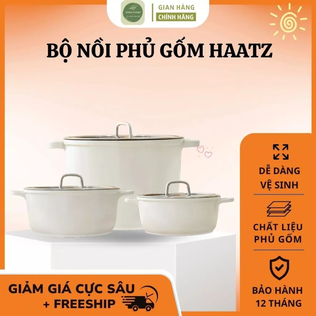 Bộ Nồi Nấu Ăn Chống Dính Haatz 3 Size Đa Năng Mỏng Nhẹ, Giữ Nhiệt Lâu An Toàn Bền Bỉ - Đông Phong