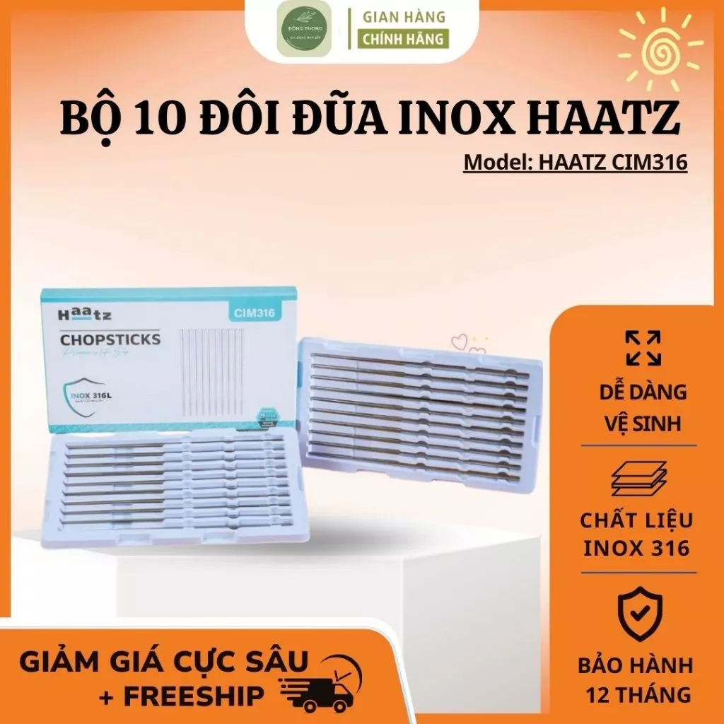 10 Đôi Đũa inox 316 chính hãng Haatz Trọng Lượng Nhẹ, Chịu Nhiệt Tốt Sáng Bóng Bền Đẹp - Đông Phong