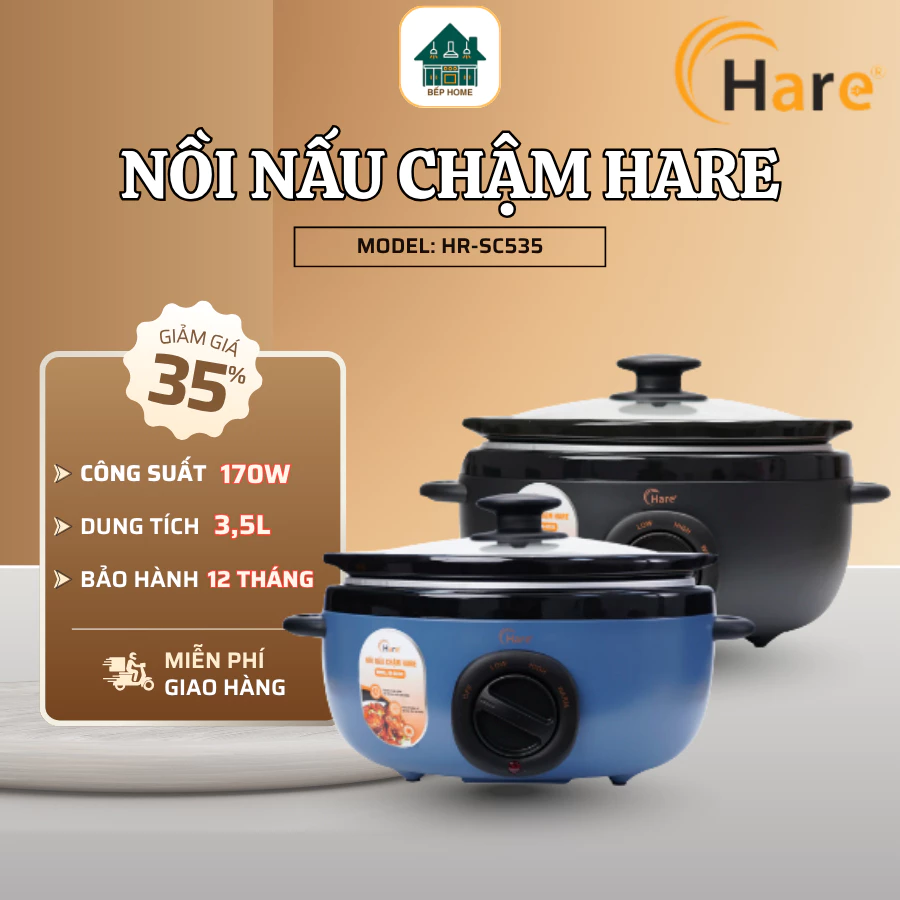 Nồi Nấu Chậm Hare HR-SC535 Lòng Nồi Gốm Sứ Sang Trọng  An Toàn, 3 Chế Độ Nấu Bảo Hành 12 Tháng Chính Hãng - Bếp Home