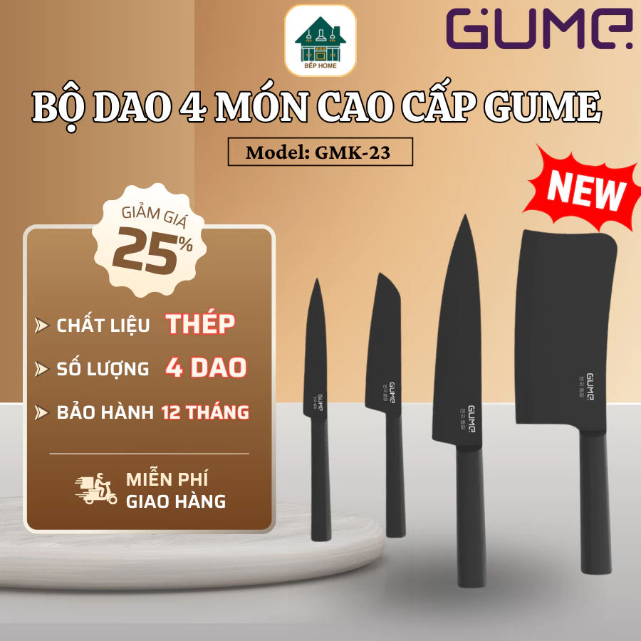 Bộ Dao 4 Món Cao Cấp Gume Korea Đa Năng Tiện Dụng Phù Hợp Mọi Nhu Cầu, Chất Liệu Thép Bền Bỉ  - Bếp Home