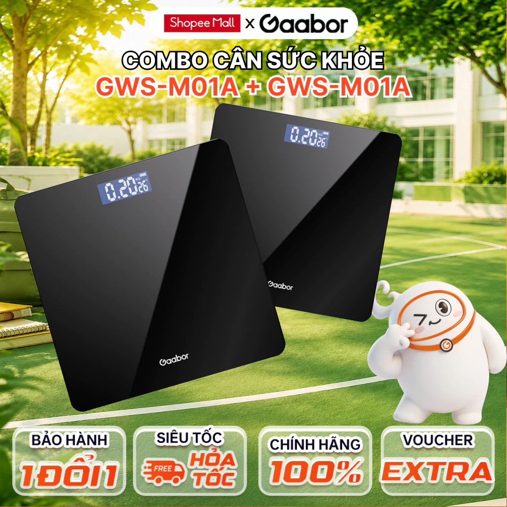 Combo 2 Cân điện tử sức khỏe Gaabor GWS-M01A mặt kính cường lực sạc USB màn hình LED hiển thị