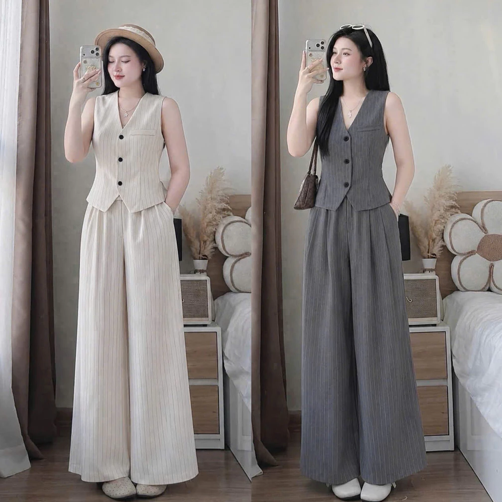 (MAY KỸ - ĐẸP ) Set Áo Gile Kẻ Sọc kèm Quần Suông Dài Nữ, Chất đẹp Thời Trang có Bigsize THOITRANGNAM1986