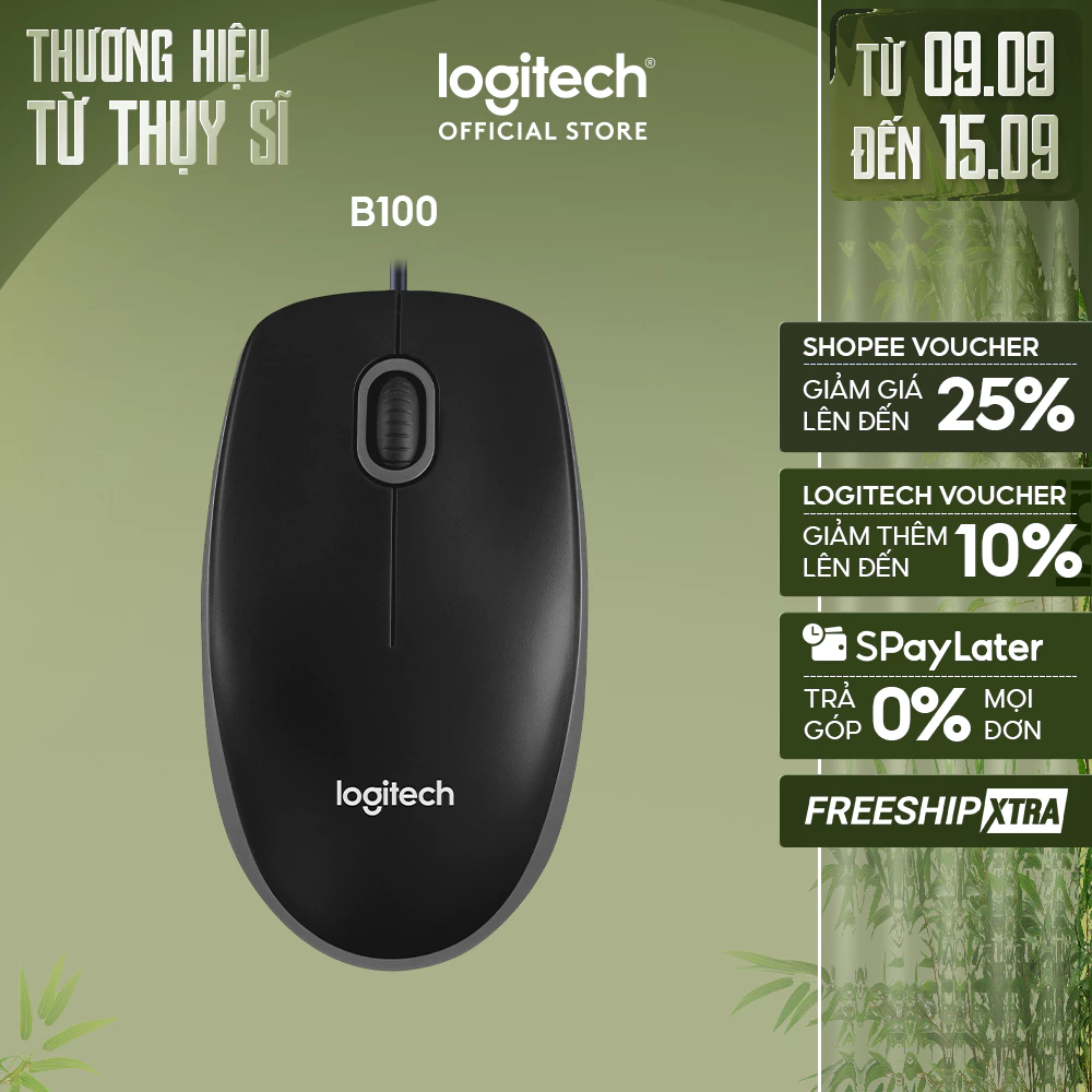 Chuột có dây Logitech B100 - Dây dài 1m8, thiết kế ôm tay, thuận cả 2 tay