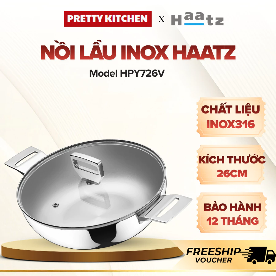 Nồi Lẩu Inox Haatz HPY726V 2.2Kg Size 26 Dung Tích Lớn Nấu Gia Đình, Nắp Kín Hạn Chế Thoát Hơi - Pretty Kitchen