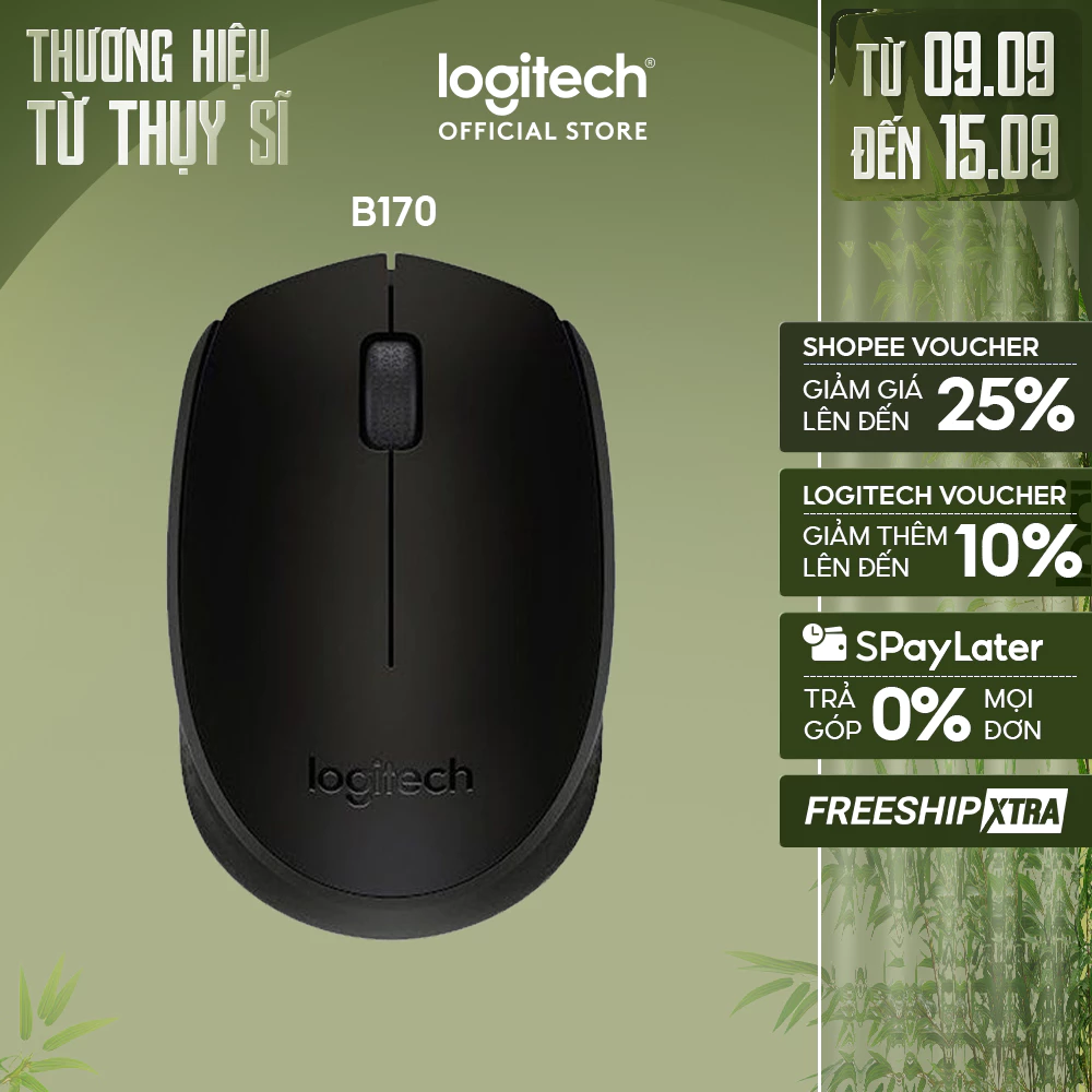 Chuột không dây Logitech B170 - USB, nhỏ gọn, thuận cả 2 tay, phù hợp PC/Laptop
