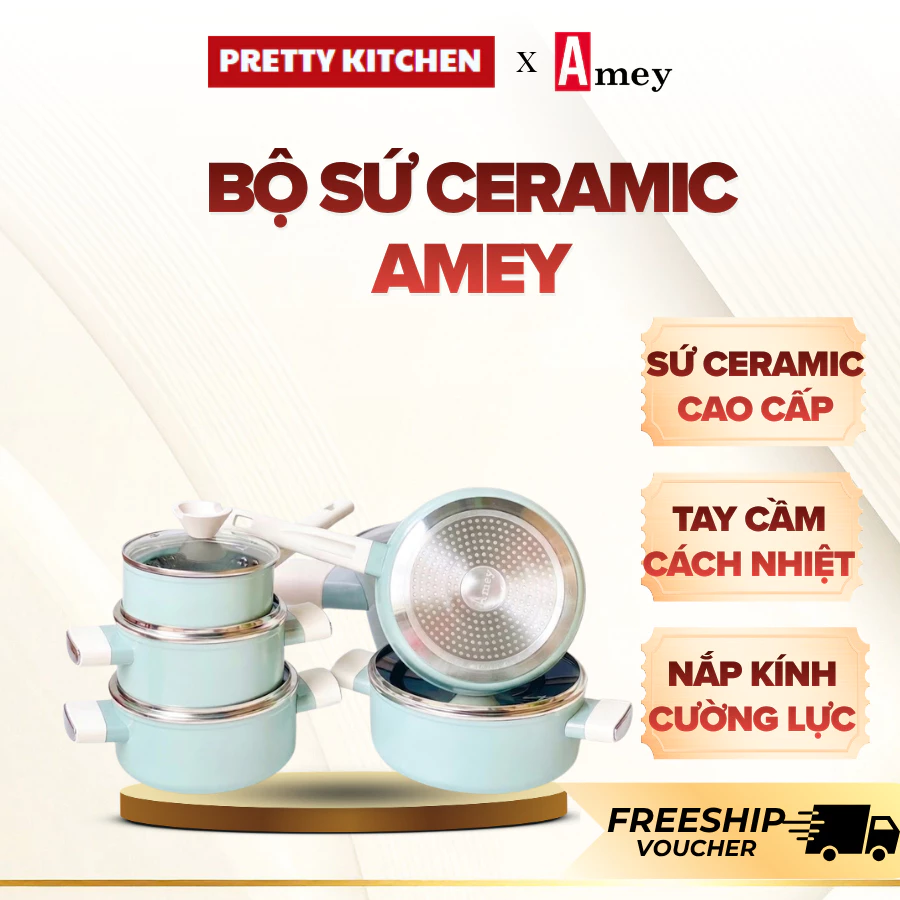 Bộ Sứ Ceramic AMEY 9 đáy, Bộ nồi 5 món 9 đáy AMEY Đức cao Cấp dùng cho mọi loại bếp - Pretty Kitchen
