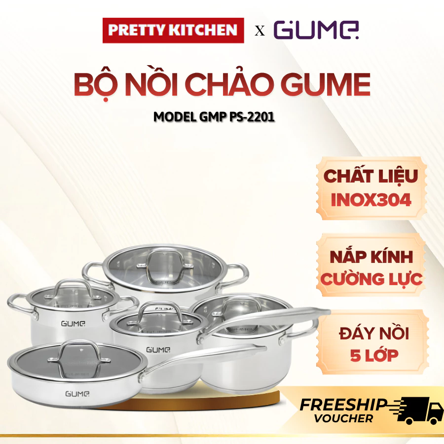 Bộ nồi chảo Gume 5 món cao cấp, Bộ nồi inox  5 đáy dùng cho mọi loại bếp - Pretty Kitchen