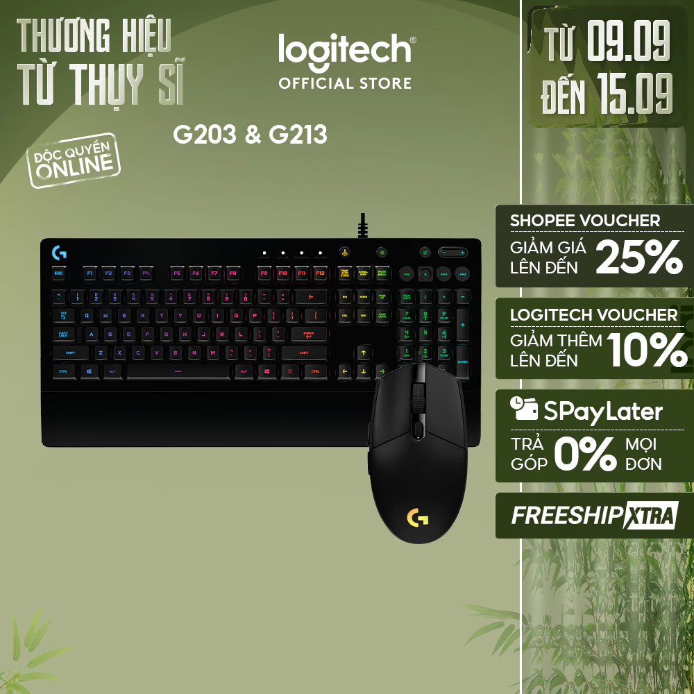 Combo Bàn Phím Gaming Logitech G213 và Chuột Gaming Logitech G203 - Tùy chỉnh RGB, kết nối G HUB