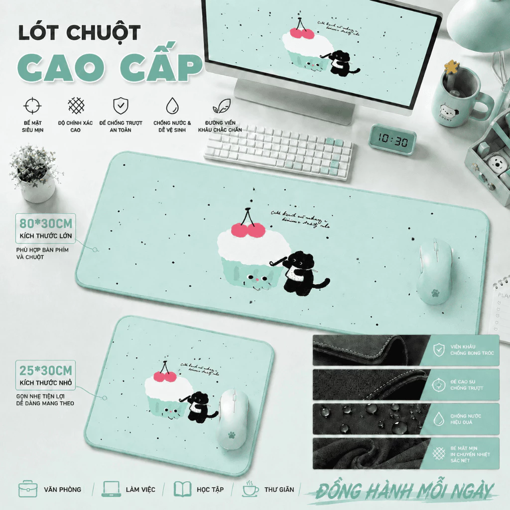 Lót chuột màu bạc hà tươi mát, họa tiết thú cưng, chống trơn, cho nữ sinh & học sinh, size 80*30 & 30*25.
