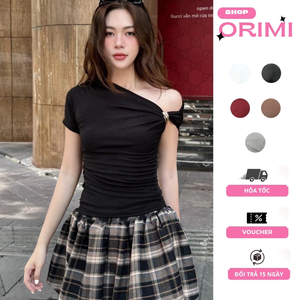 Áo lệch vai thun ôm cài khoen đen/nâu/trắng V1 Orimi