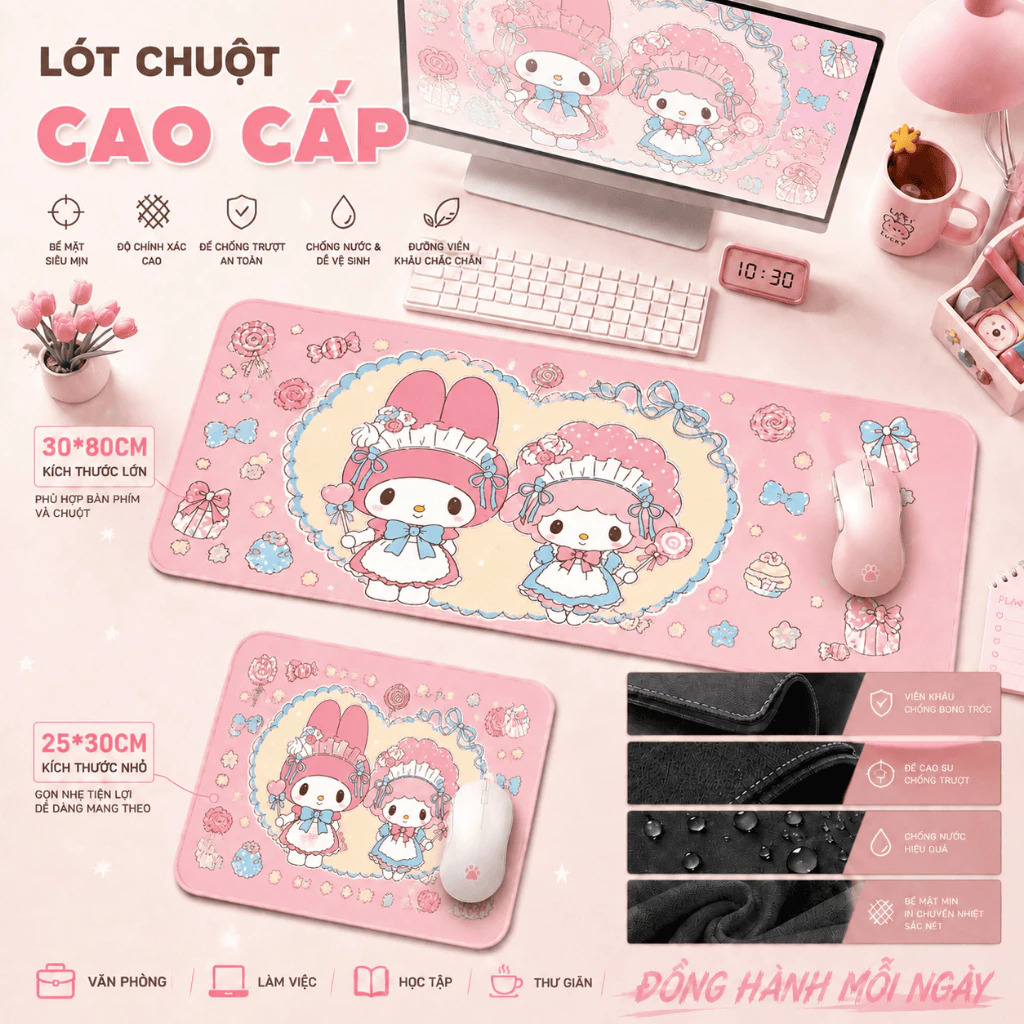 Lót chuột My Melody dễ thương, màu hồng ngọt ngào, chống trơn, quà tặng cho nữ, size 30*25 & 80*30.