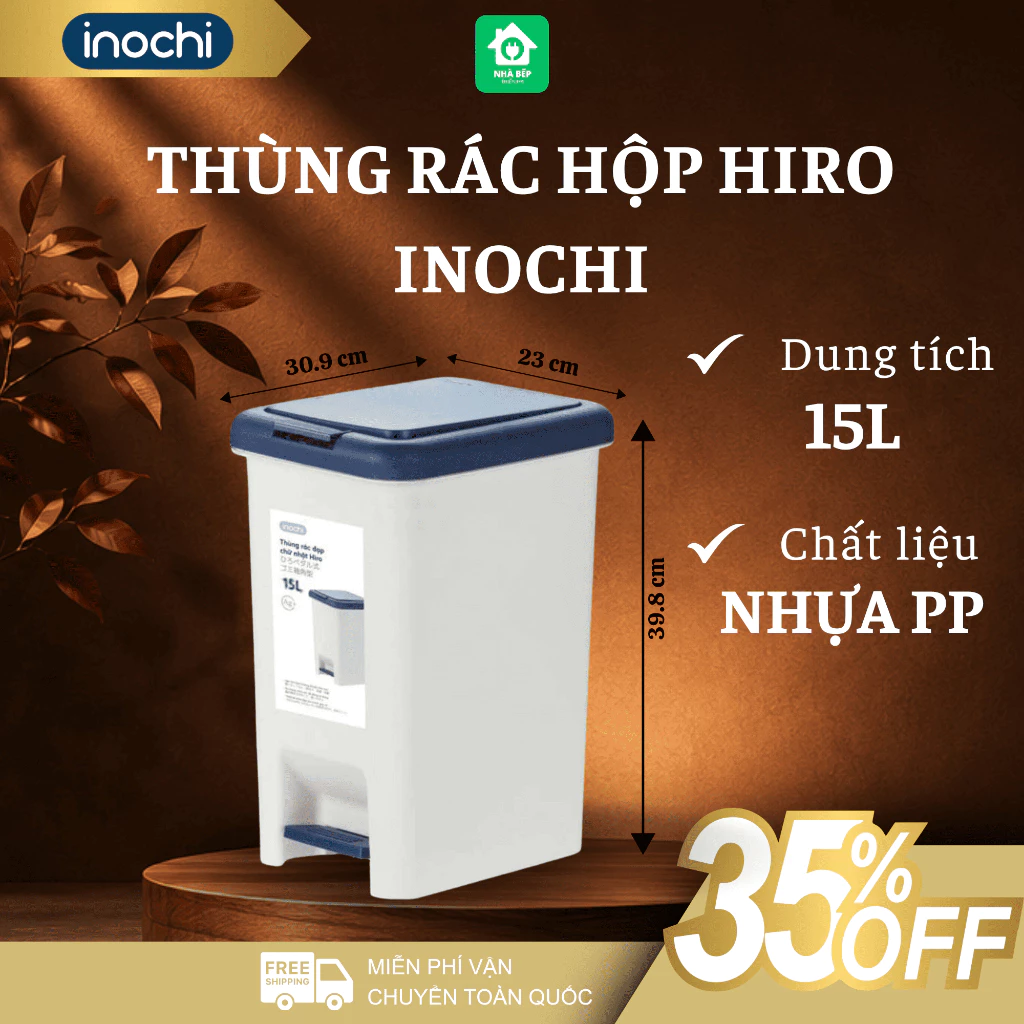 Thùng Rác Đạp Chữ Nhật Hiro 15L Inochi Thiết Kế Hiện Đại, Nắp Mở Nhấn Tay Đạp Chân Tiện Lợi - Nhà Bếp Thiên Hà