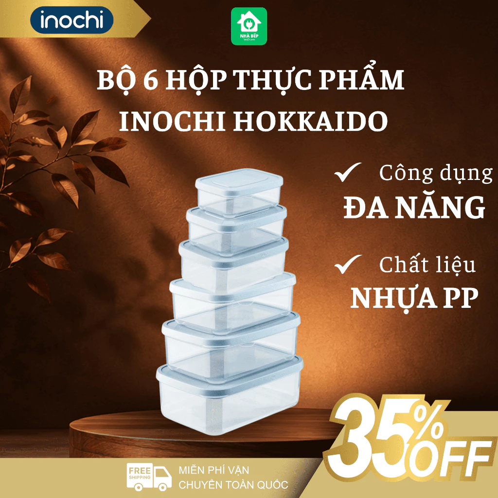 Bộ 6 Hộp Thực Phẩm Chữ Nhật Hokkaido Inochi Nhựa PP Cao Cấp, An Toàn Cho Sức Khỏe - Nhà Bếp Thiên Hà