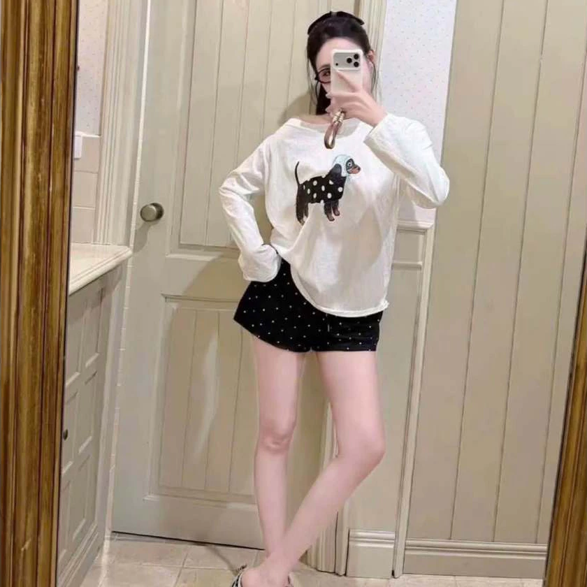 Áo Giấy Nữ Dài Tay Áo Thun Cotton Tay Trễ Vai Form Rộng In Hình Cún