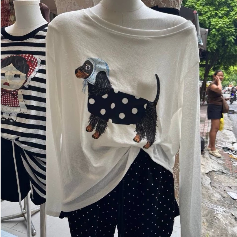 Áo Thun Cotton Giấy Nữ Dài Tay Trễ Vai Form Rộng In Hình Cún Cute