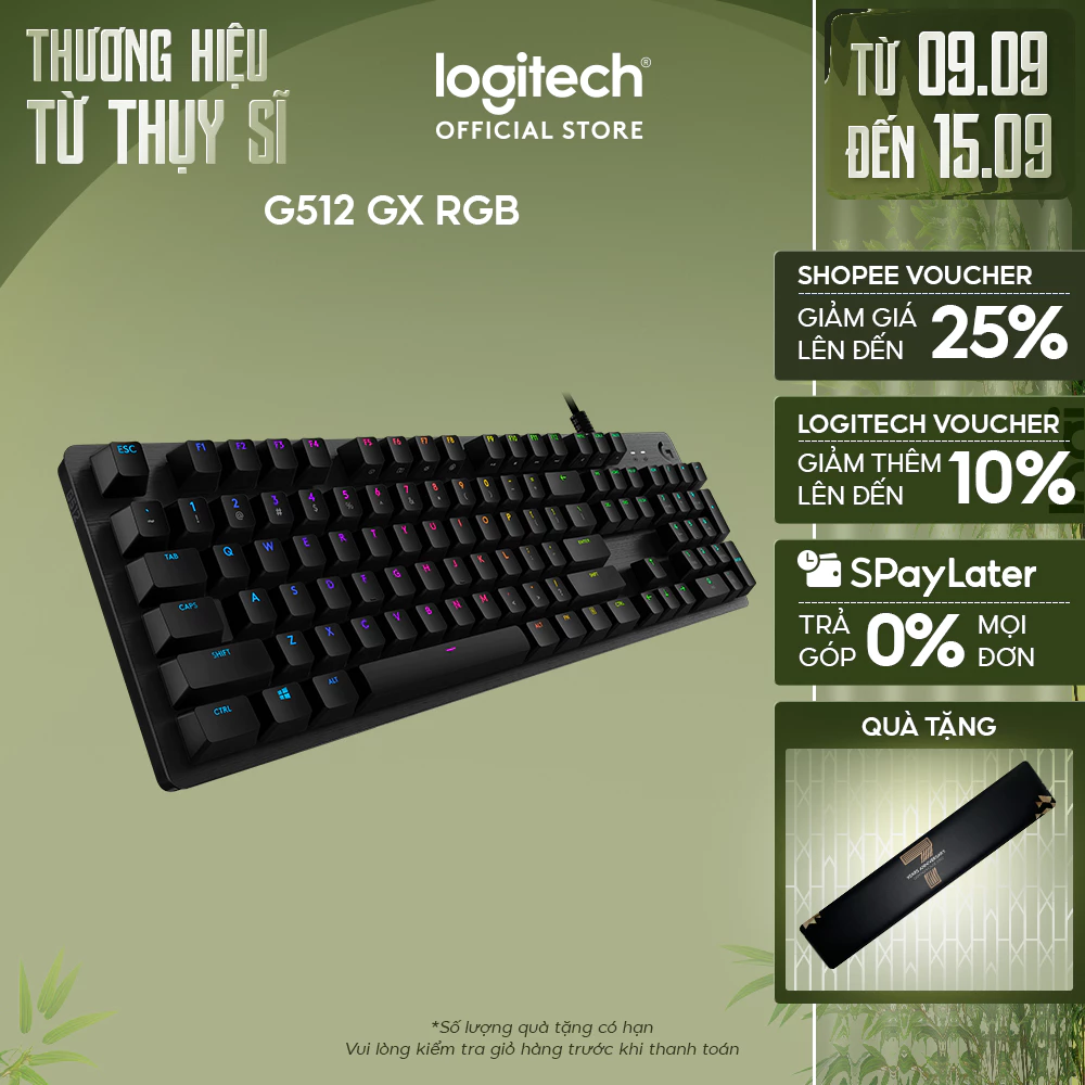 Bàn phím cơ gaming Logitech G512 GX RGB - 3 loại phím cơ GX Switch, cổng USB 2.0